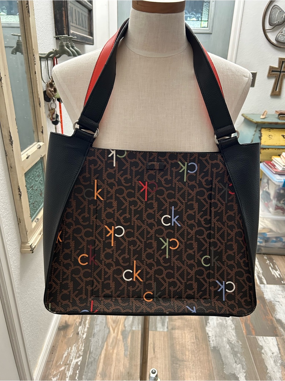 Calvin Klein Brown Monogram Tote with Black Body and Red-Trim Straps